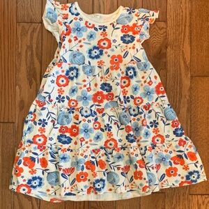 Girls' White Floral Tiered Dress with Red & Blue Flowers